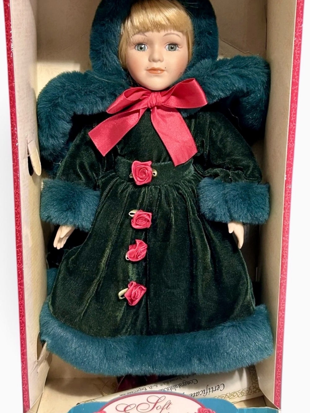 Vintage Soft Expressions 17" Porcelain Doll Barbara Collins Green Velvet NIB